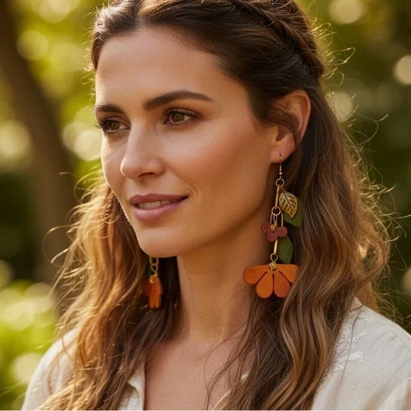 Handcrafted artisan leather earrings featuring leaves and flowers - Picture 1 of 8